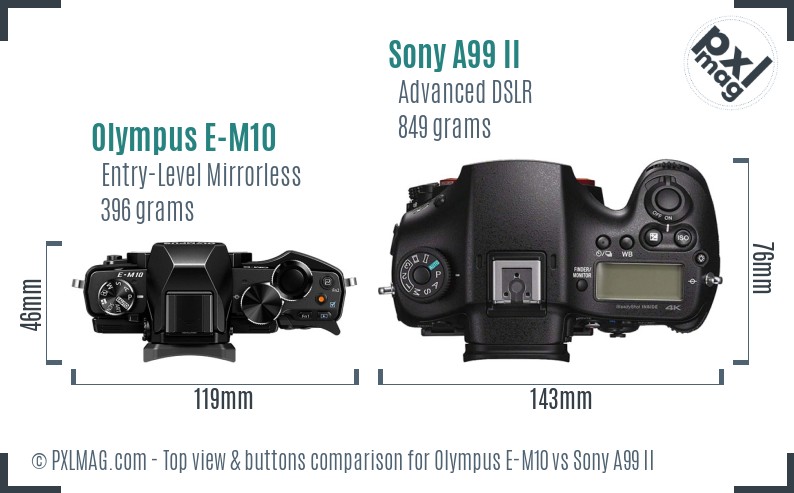 Olympus E-M10 vs Sony A99 II top view buttons comparison