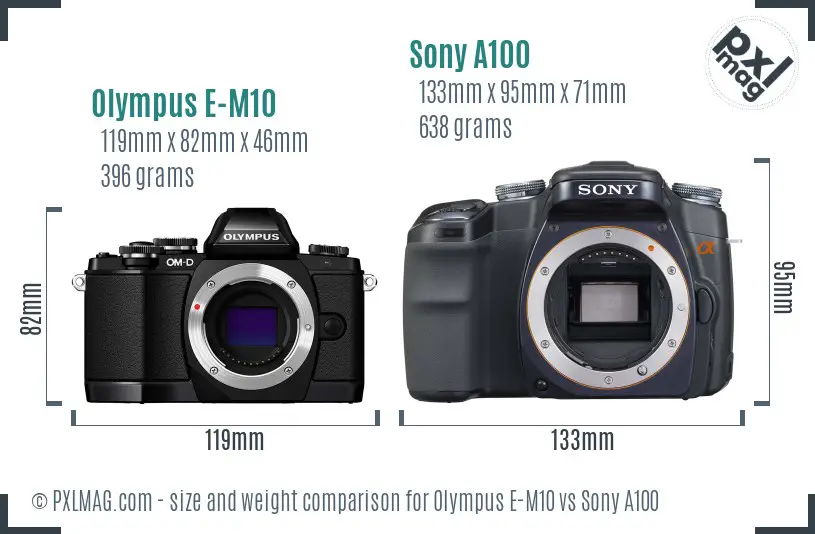 Olympus E-M10 vs Sony A100 size comparison