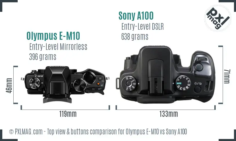 Olympus E-M10 vs Sony A100 top view buttons comparison