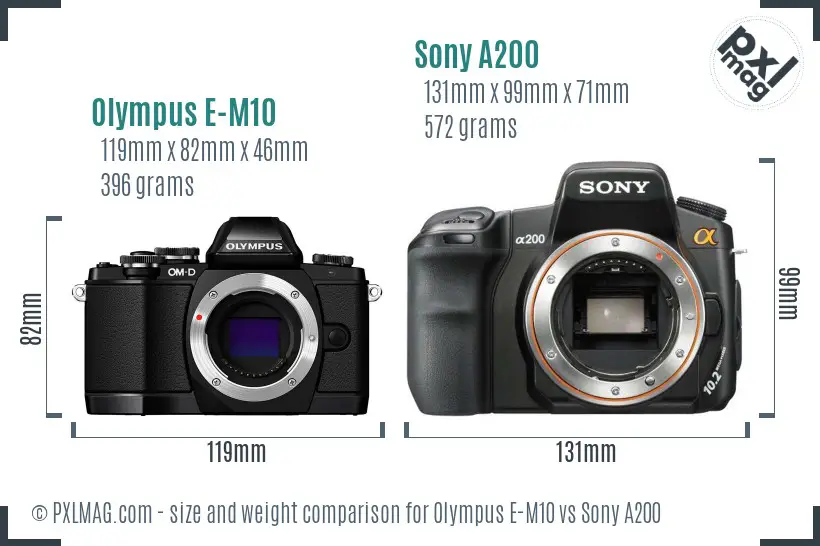 Olympus E-M10 vs Sony A200 size comparison