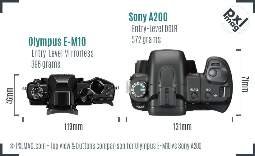 Olympus E-M10 vs Sony A200 top view buttons comparison