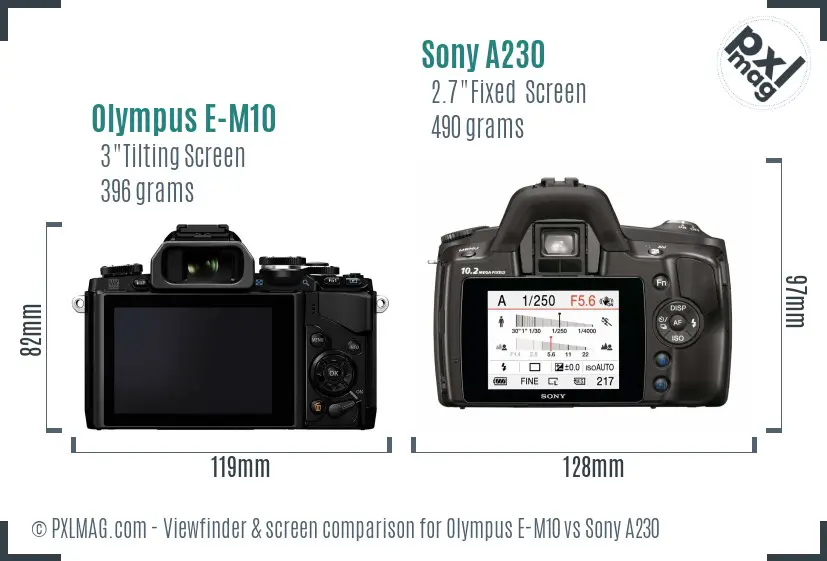 Olympus E-M10 vs Sony A230 Screen and Viewfinder comparison