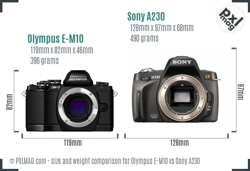 Olympus E-M10 vs Sony A230 size comparison