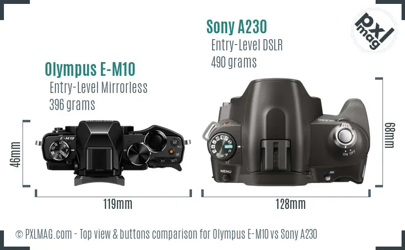 Olympus E-M10 vs Sony A230 top view buttons comparison