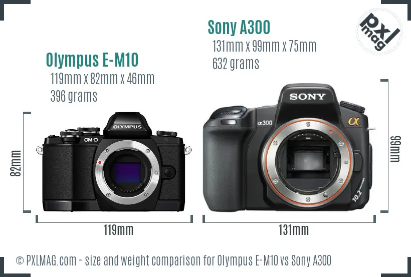 Olympus E-M10 vs Sony A300 size comparison