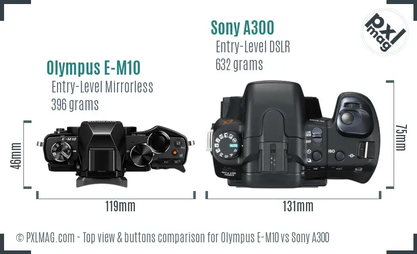 Olympus E-M10 vs Sony A300 top view buttons comparison