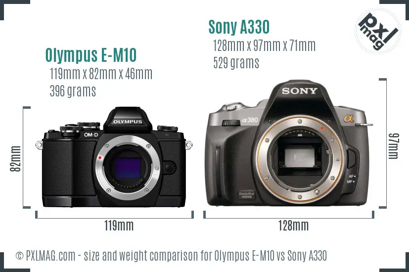 Olympus E-M10 vs Sony A330 size comparison