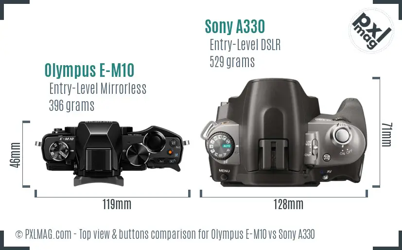 Olympus E-M10 vs Sony A330 top view buttons comparison