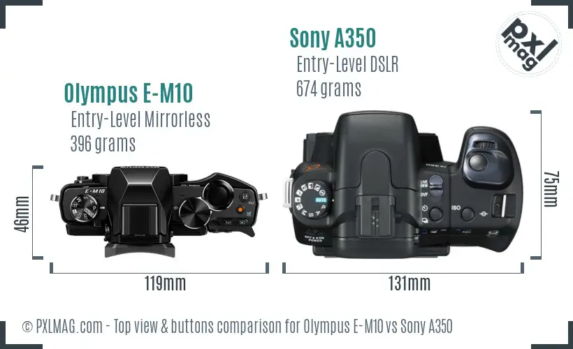 Olympus E-M10 vs Sony A350 top view buttons comparison Olympus E-M10 vs Sony A350 top view buttons comparison