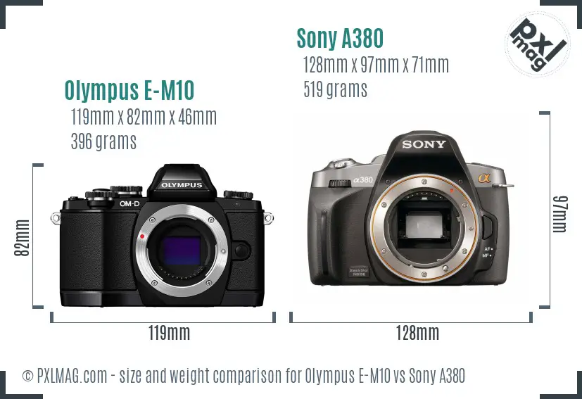 Olympus E-M10 vs Sony A380 size comparison