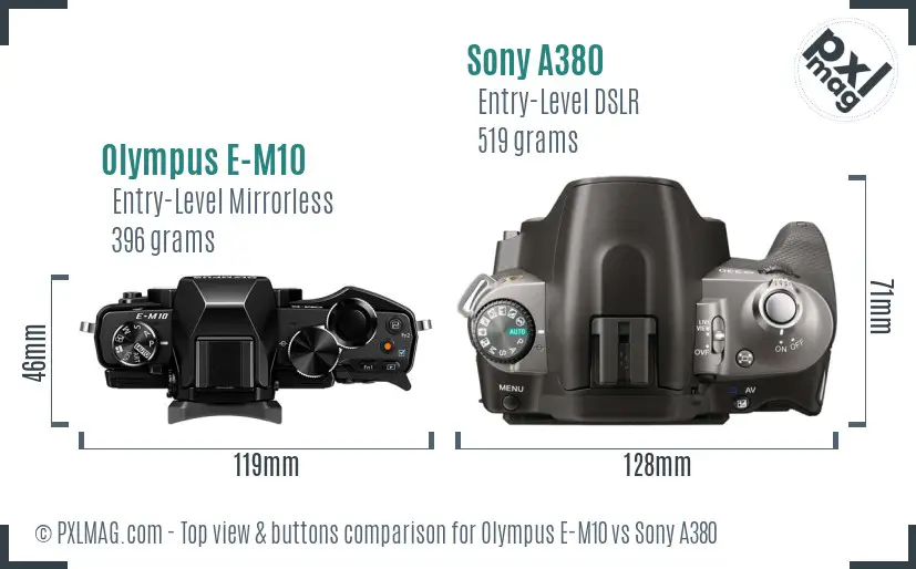 Olympus E-M10 vs Sony A380 top view buttons comparison