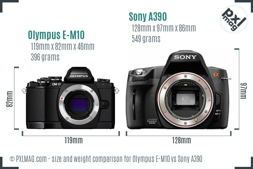 Olympus E-M10 vs Sony A390 size comparison