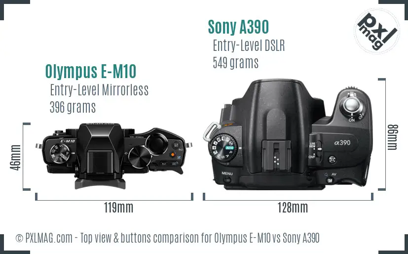 Olympus E-M10 vs Sony A390 top view buttons comparison