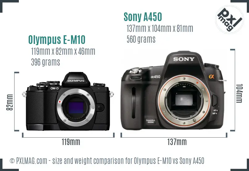 Olympus E-M10 vs Sony A450 size comparison