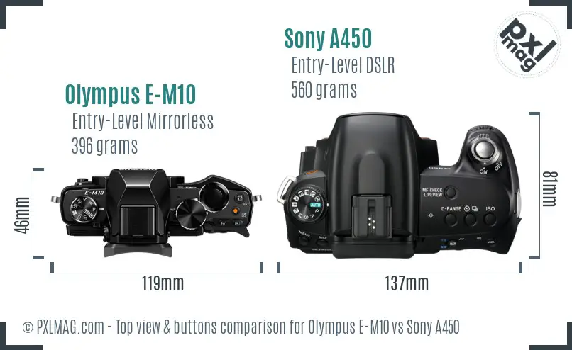 Olympus E-M10 vs Sony A450 top view buttons comparison