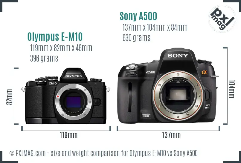 Olympus E-M10 vs Sony A500 size comparison
