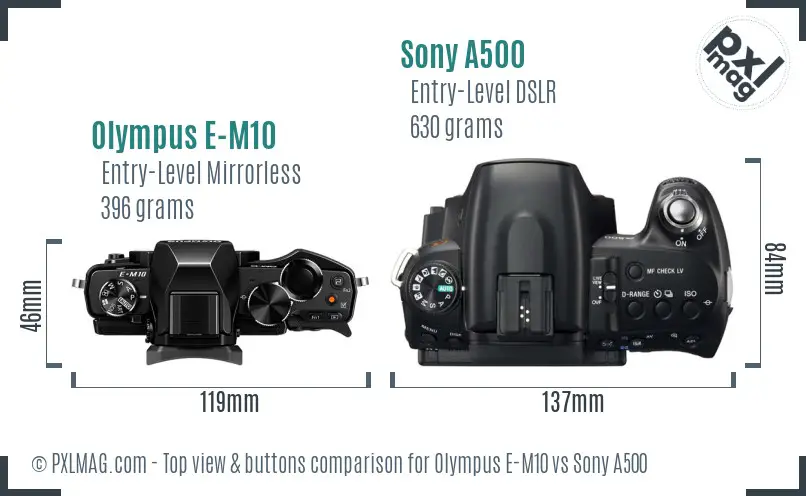 Olympus E-M10 vs Sony A500 top view buttons comparison