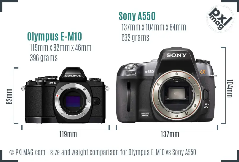 Olympus E-M10 vs Sony A550 size comparison