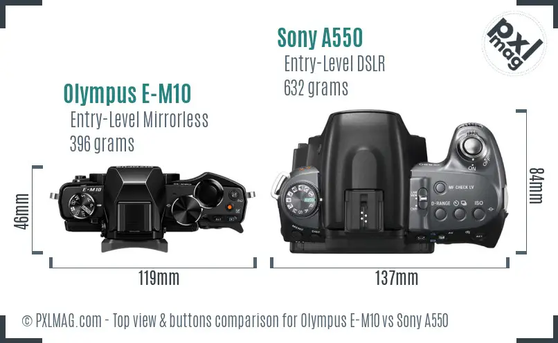 Olympus E-M10 vs Sony A550 top view buttons comparison