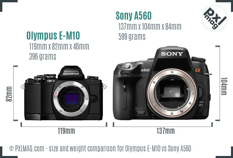 Olympus E-M10 vs Sony A560 size comparison