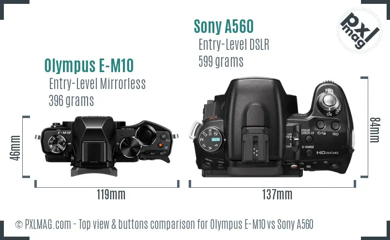 Olympus E-M10 vs Sony A560 top view buttons comparison