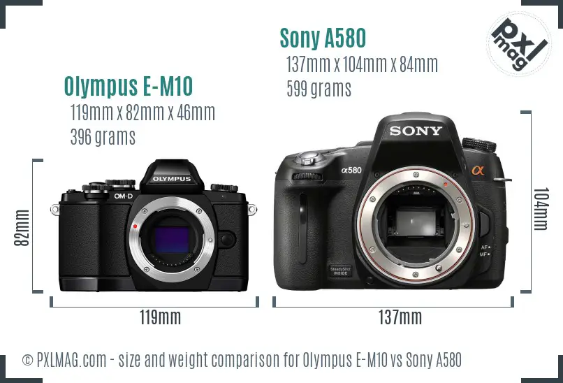 Olympus E-M10 vs Sony A580 size comparison