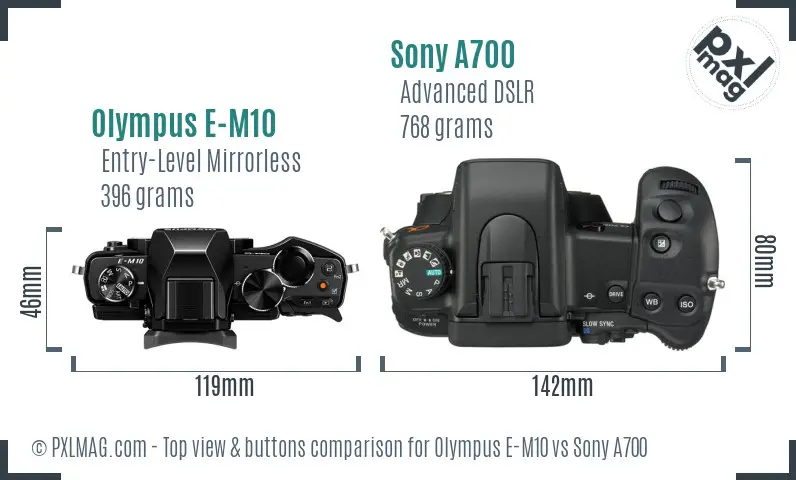 Olympus E-M10 vs Sony A700 top view buttons comparison