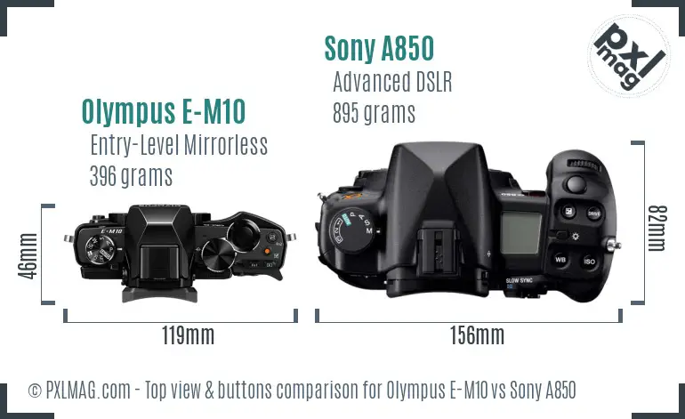 Olympus E-M10 vs Sony A850 top view buttons comparison
