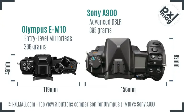 Olympus E-M10 vs Sony A900 top view buttons comparison
