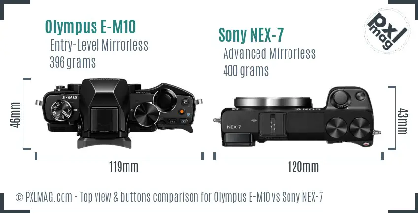Olympus E-M10 vs Sony NEX-7 top view buttons comparison