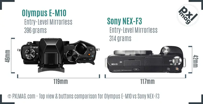 Olympus E-M10 vs Sony NEX-F3 top view buttons comparison