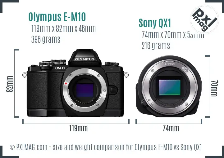 Olympus E-M10 vs Sony QX1 size comparison