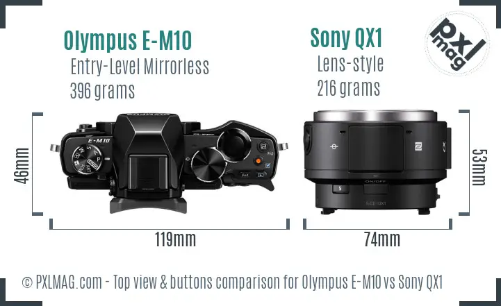 Olympus E-M10 vs Sony QX1 top view buttons comparison