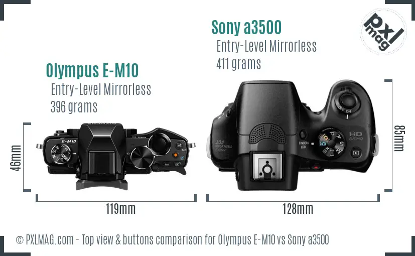 Olympus E-M10 vs Sony a3500 top view buttons comparison Olympus E-M10 vs Sony a3500 top view buttons comparison