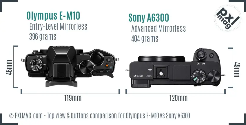 Olympus E-M10 vs Sony A6300 top view buttons comparison
