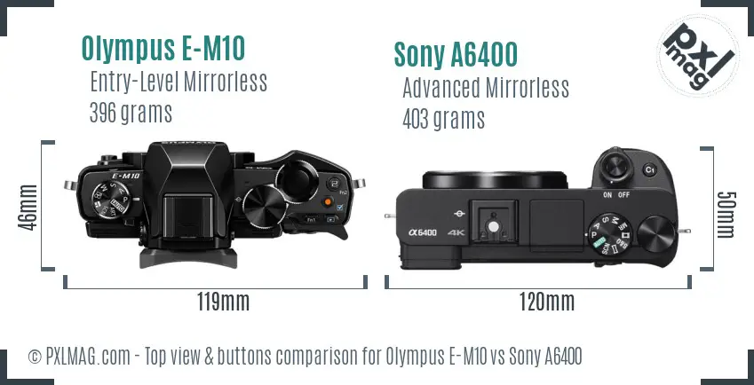 Olympus E-M10 vs Sony A6400 top view buttons comparison