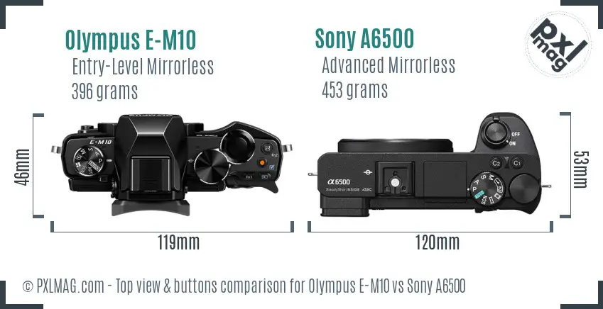 Olympus E-M10 vs Sony A6500 top view buttons comparison