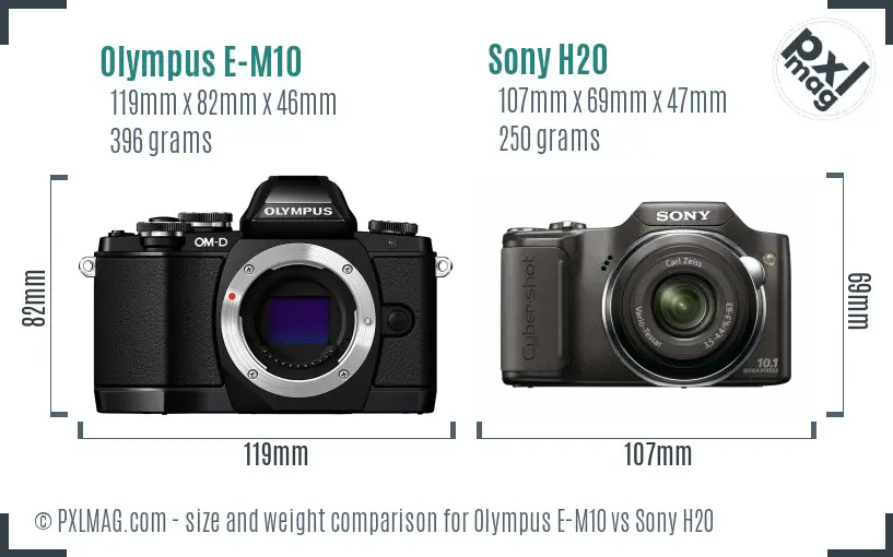 Olympus E-M10 vs Sony H20 size comparison