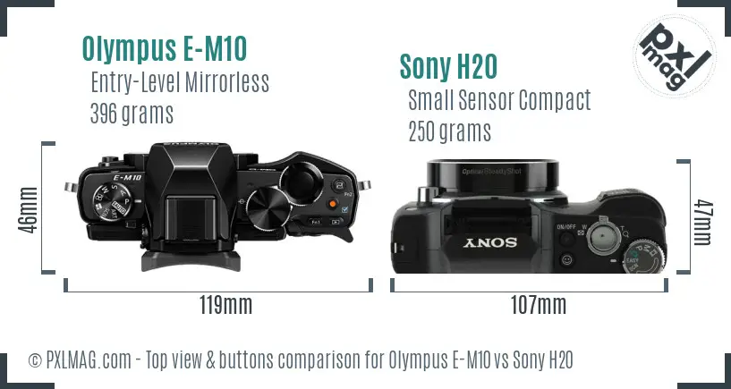 Olympus E-M10 vs Sony H20 top view buttons comparison