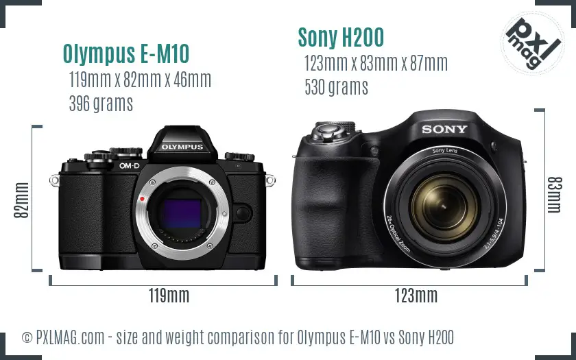 Olympus E-M10 vs Sony H200 size comparison
