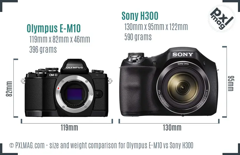 Olympus E-M10 vs Sony H300 size comparison