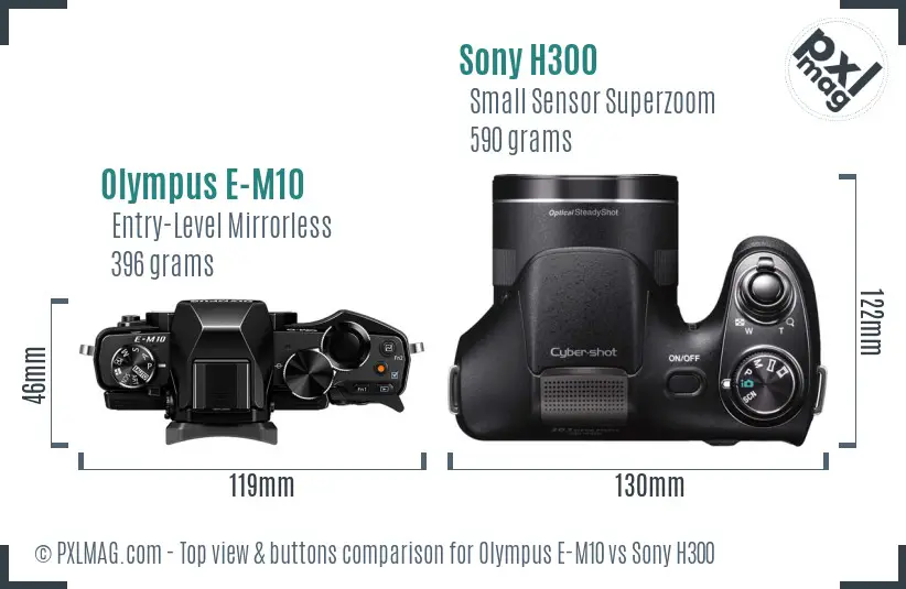 Olympus E-M10 vs Sony H300 top view buttons comparison