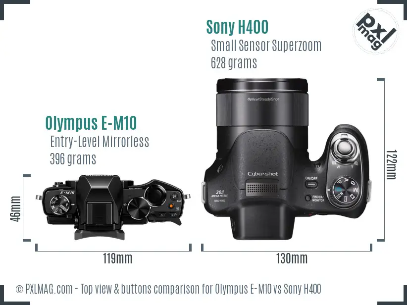 Olympus E-M10 vs Sony H400 top view buttons comparison
