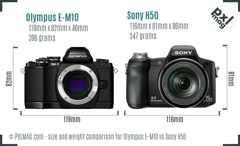 Olympus E-M10 vs Sony H50 size comparison