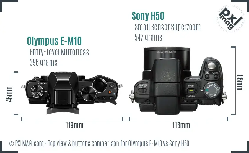 Olympus E-M10 vs Sony H50 top view buttons comparison