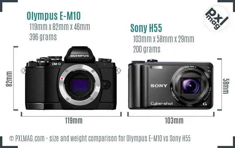 Olympus E-M10 vs Sony H55 size comparison