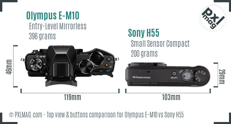 Olympus E-M10 vs Sony H55 top view buttons comparison