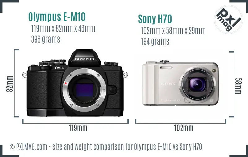 Olympus E-M10 vs Sony H70 size comparison