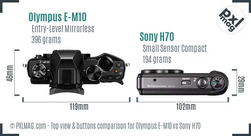 Olympus E-M10 vs Sony H70 top view buttons comparison