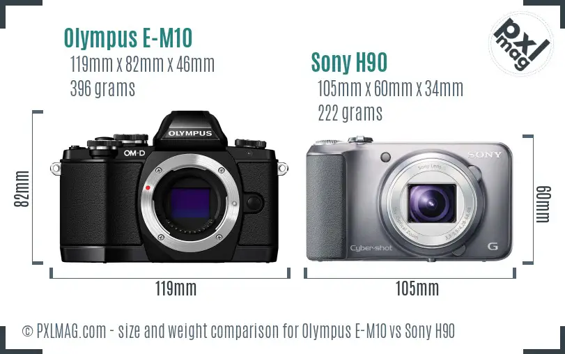 Olympus E-M10 vs Sony H90 size comparison